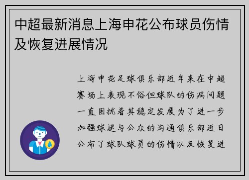 中超最新消息上海申花公布球员伤情及恢复进展情况 中超最新消息上海申花公布球员伤情及恢复进展情况